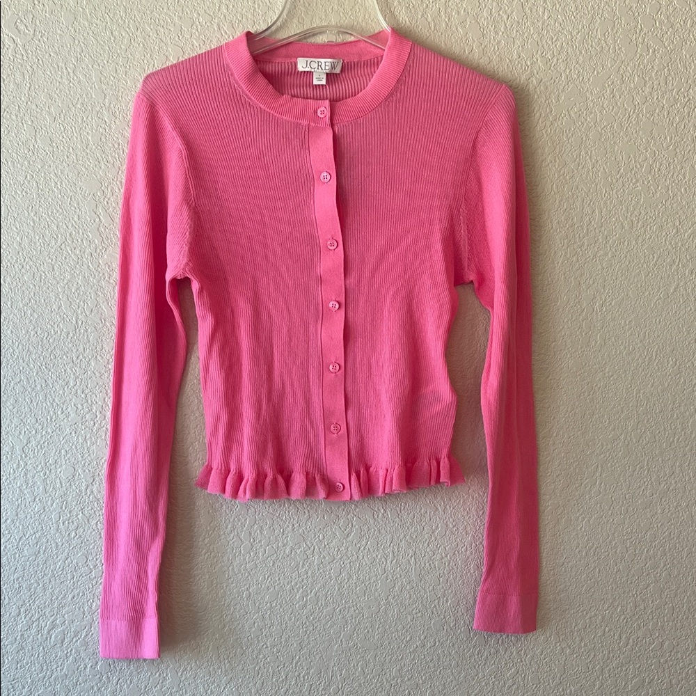 J.Crew ruffle trim cotton gauze cardigan pink sherbet size large NWT - Picture 2 of 10